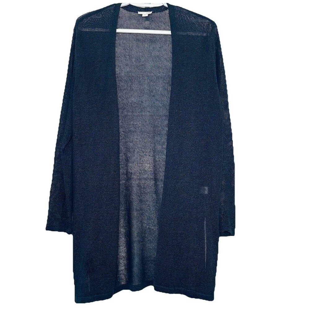 J Jill Linen Blend Open Front Cardigan Navy Blue L Petite Long Duster Sweater